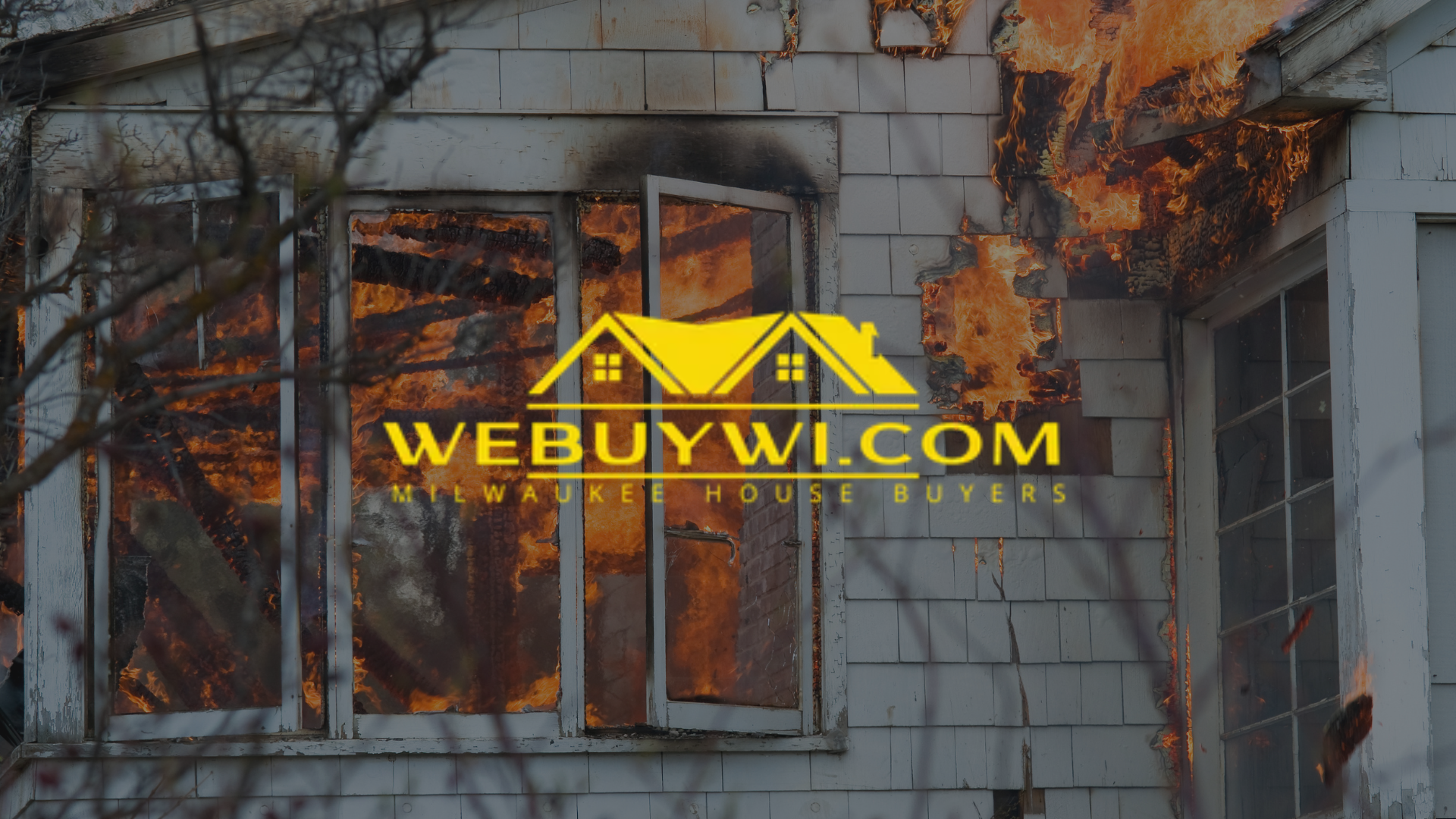 A house on fire with the WeBuyWI.com logo overlaid.