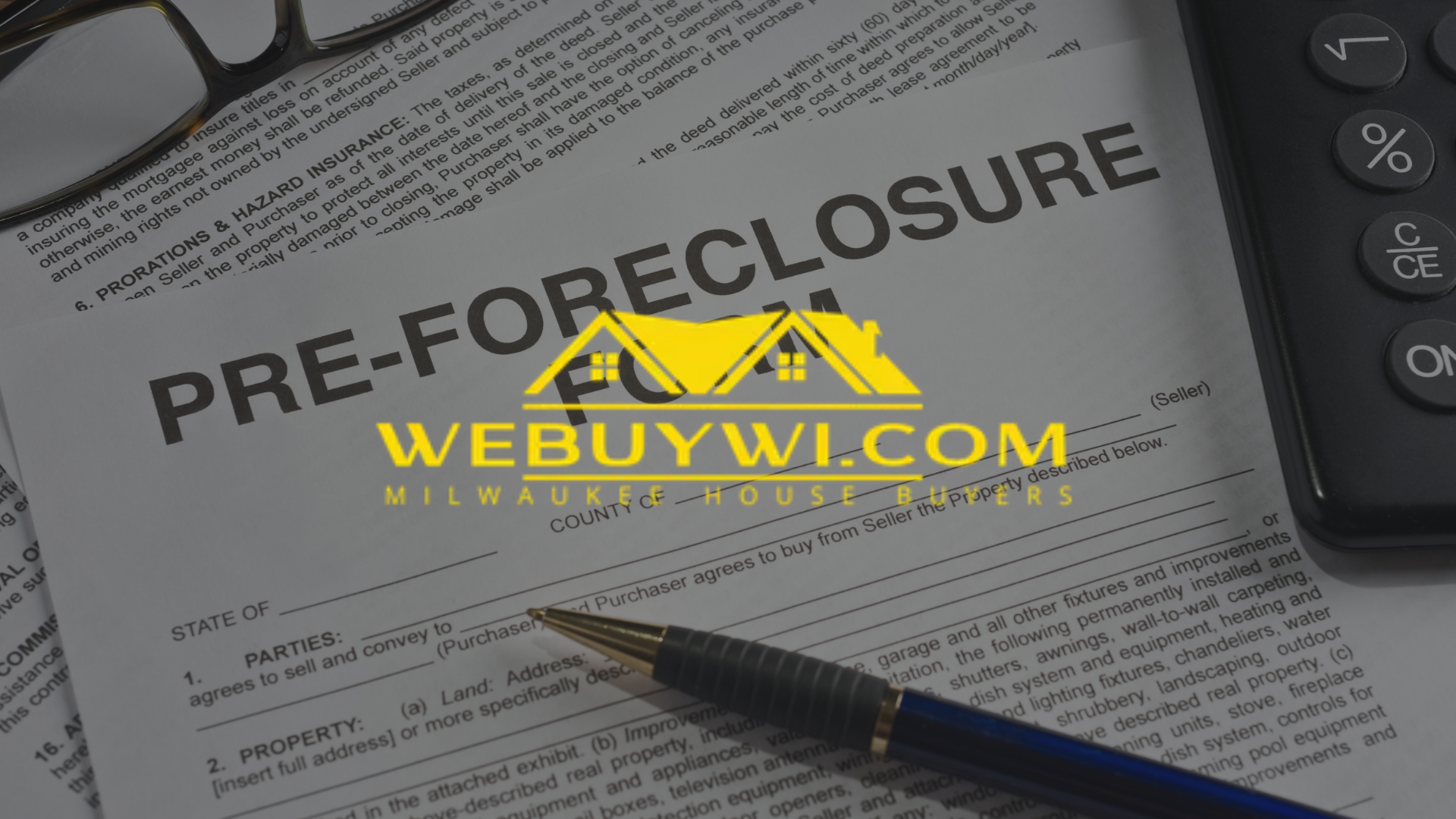 A pen is sitting on top of a piece of paper that says pre-foreclosure.