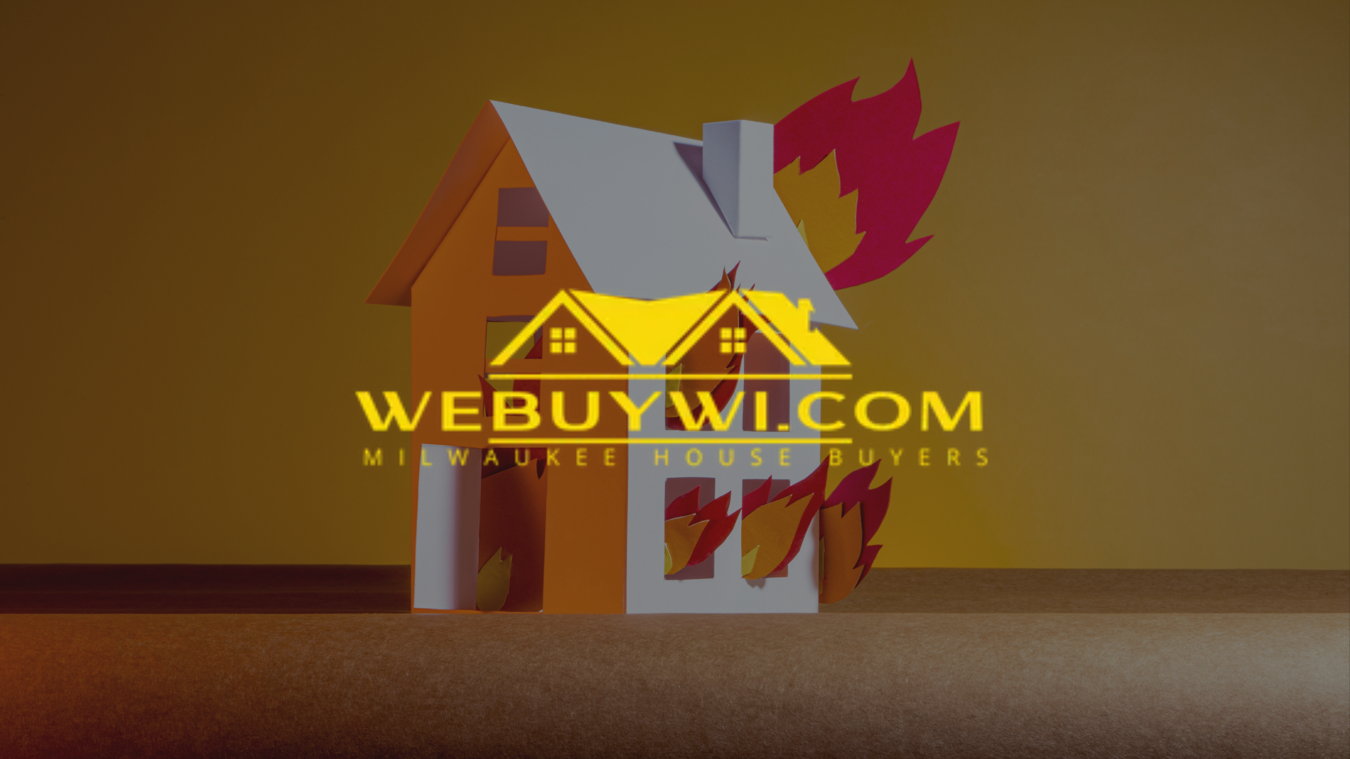 House model with fire flames, yellow and white, logo 