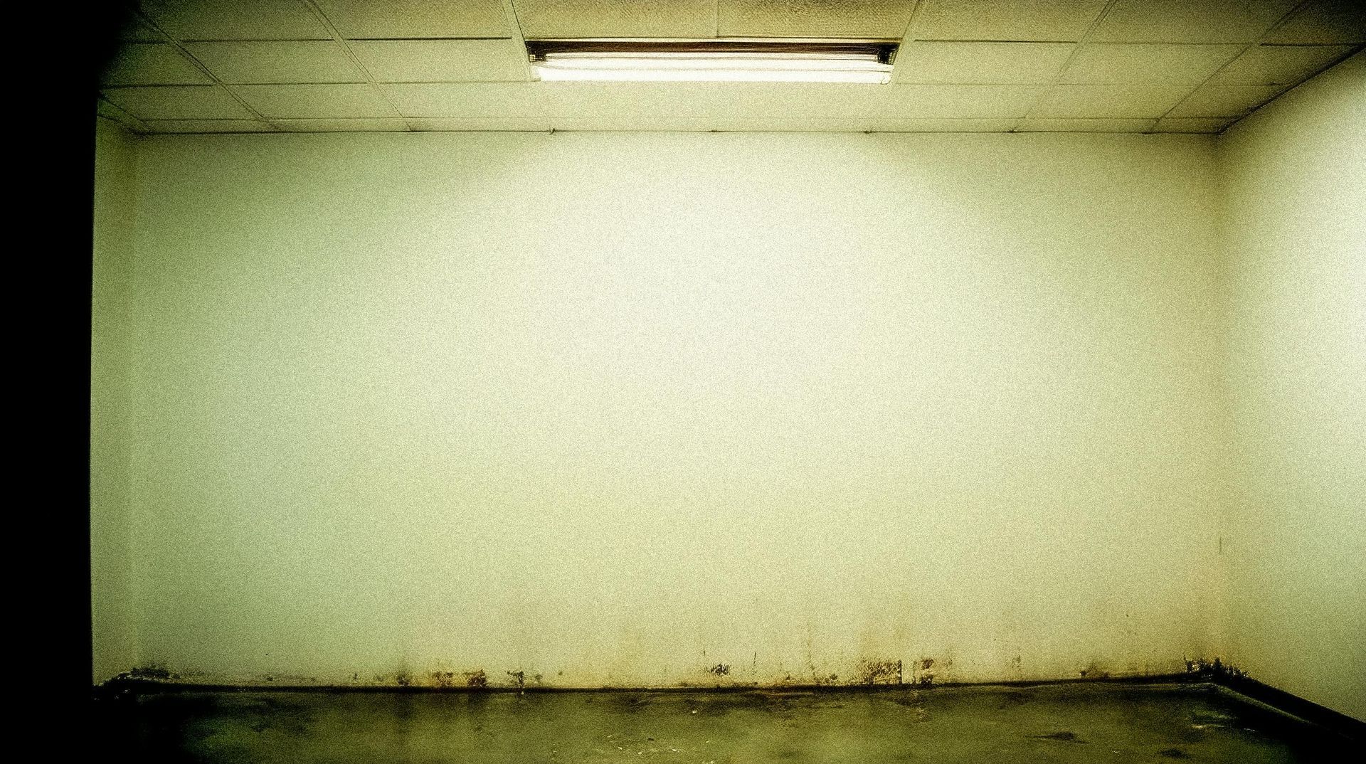Empty, grimy room with stained white walls, a fluorescent ceiling light, and a bare floor.