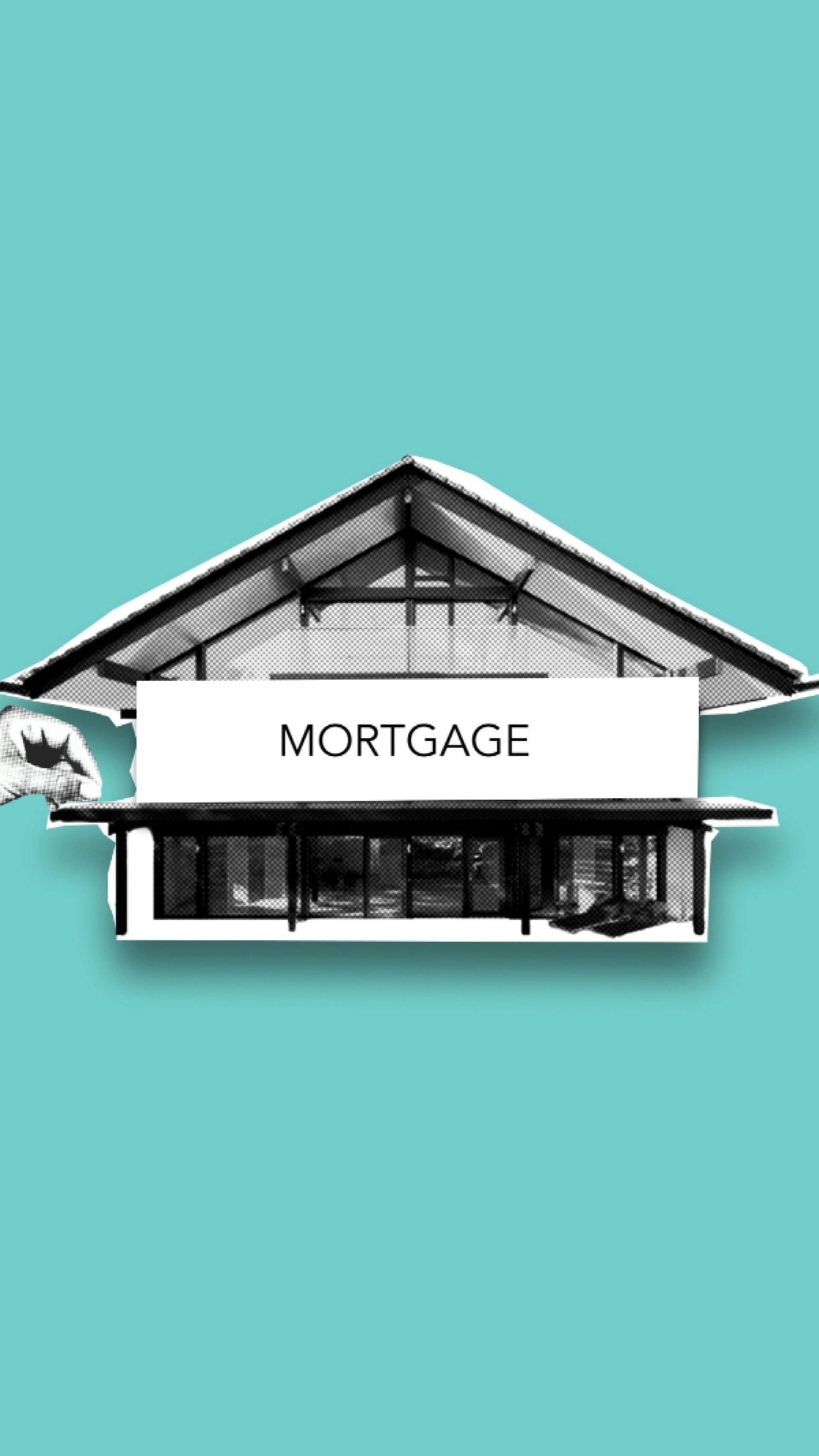 House icon with a mortgage banner on a teal background