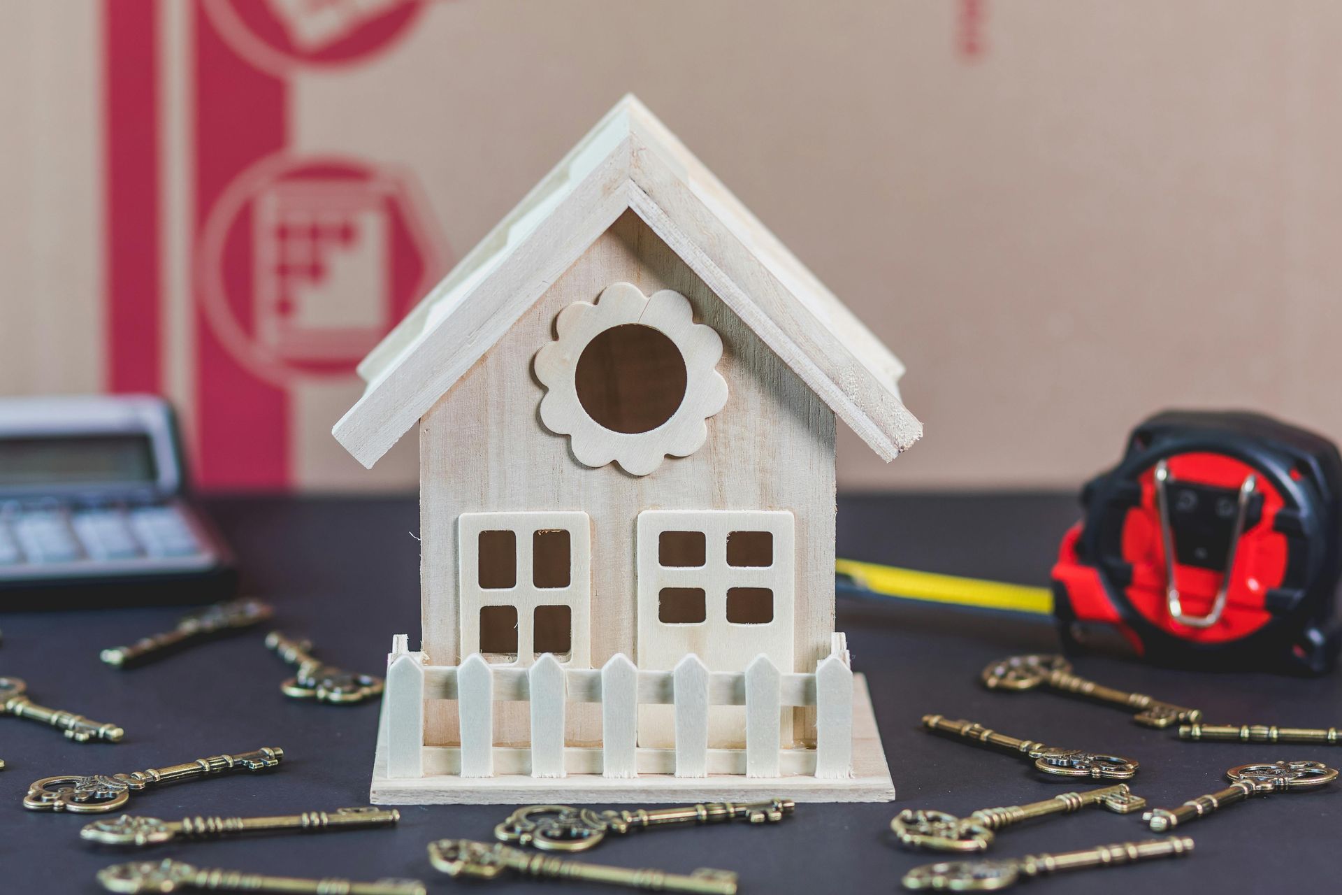 Wooden toy house with keys, calculator, and tape measure.