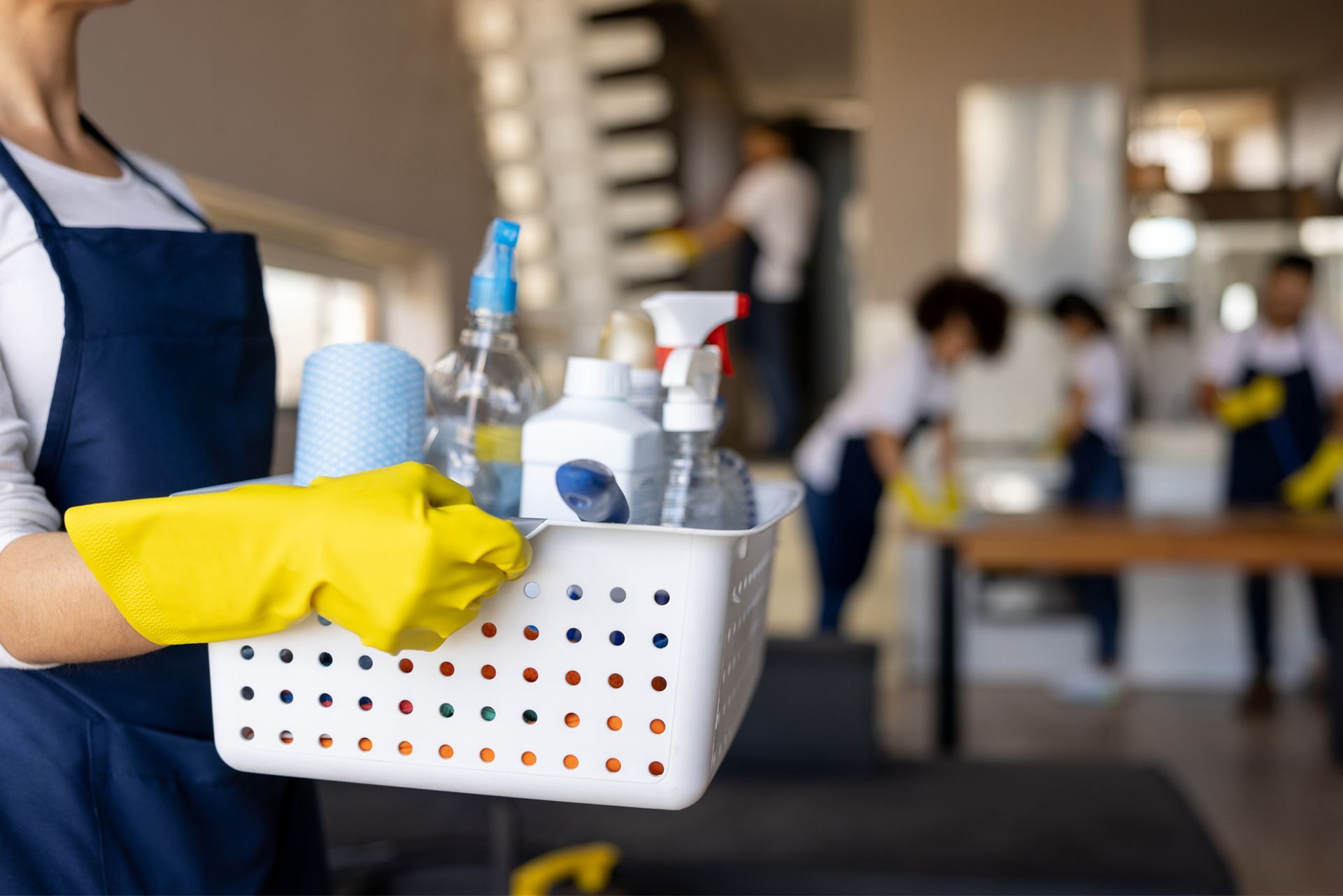 A woman is holding a basket full of cleaning supplies.