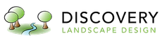 Discovery Landscape Design logo with stylized green trees and text on a light background