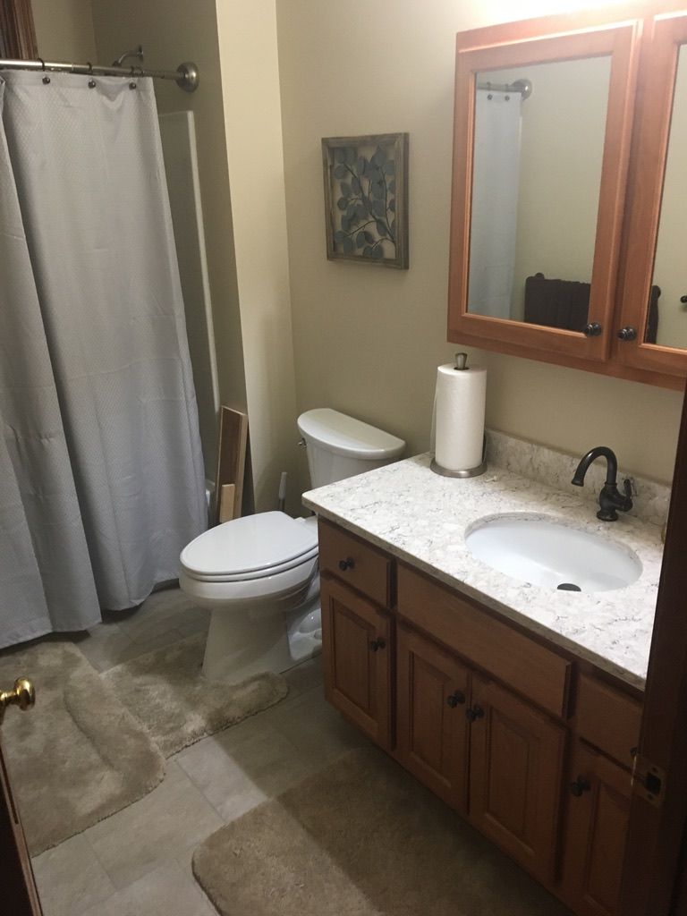 A bathroom with a toilet , sink , mirror and shower curtain.