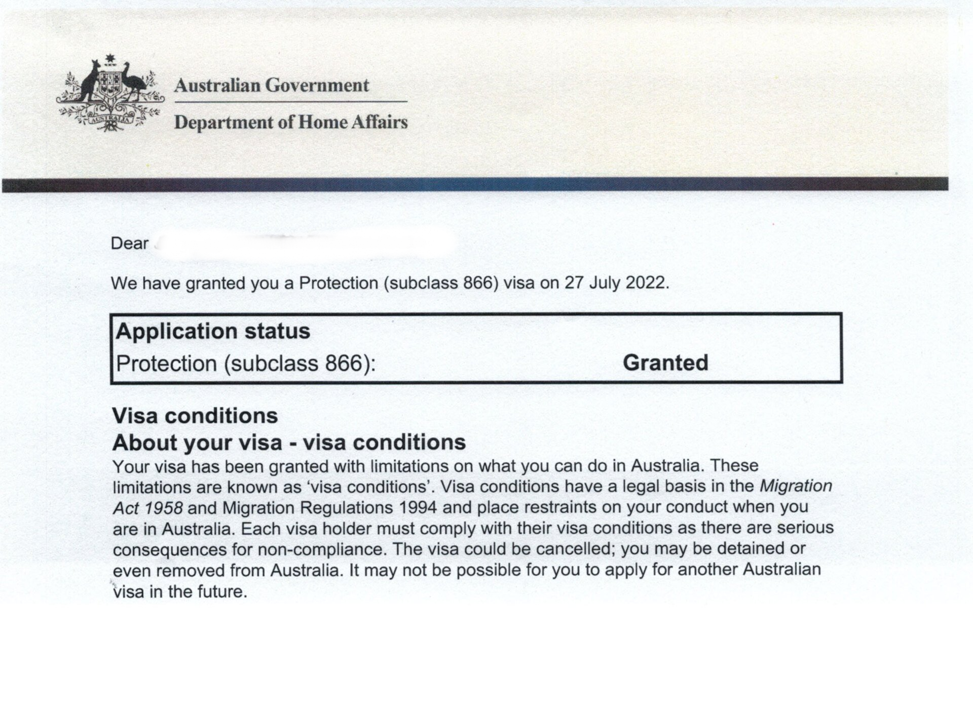 Protection Visa Example — Brisbane, QLD — Visas Online