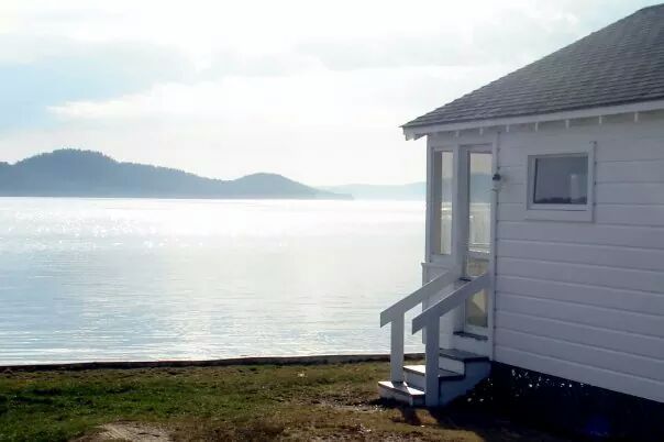 A small white house sits on the shore of a body of water.