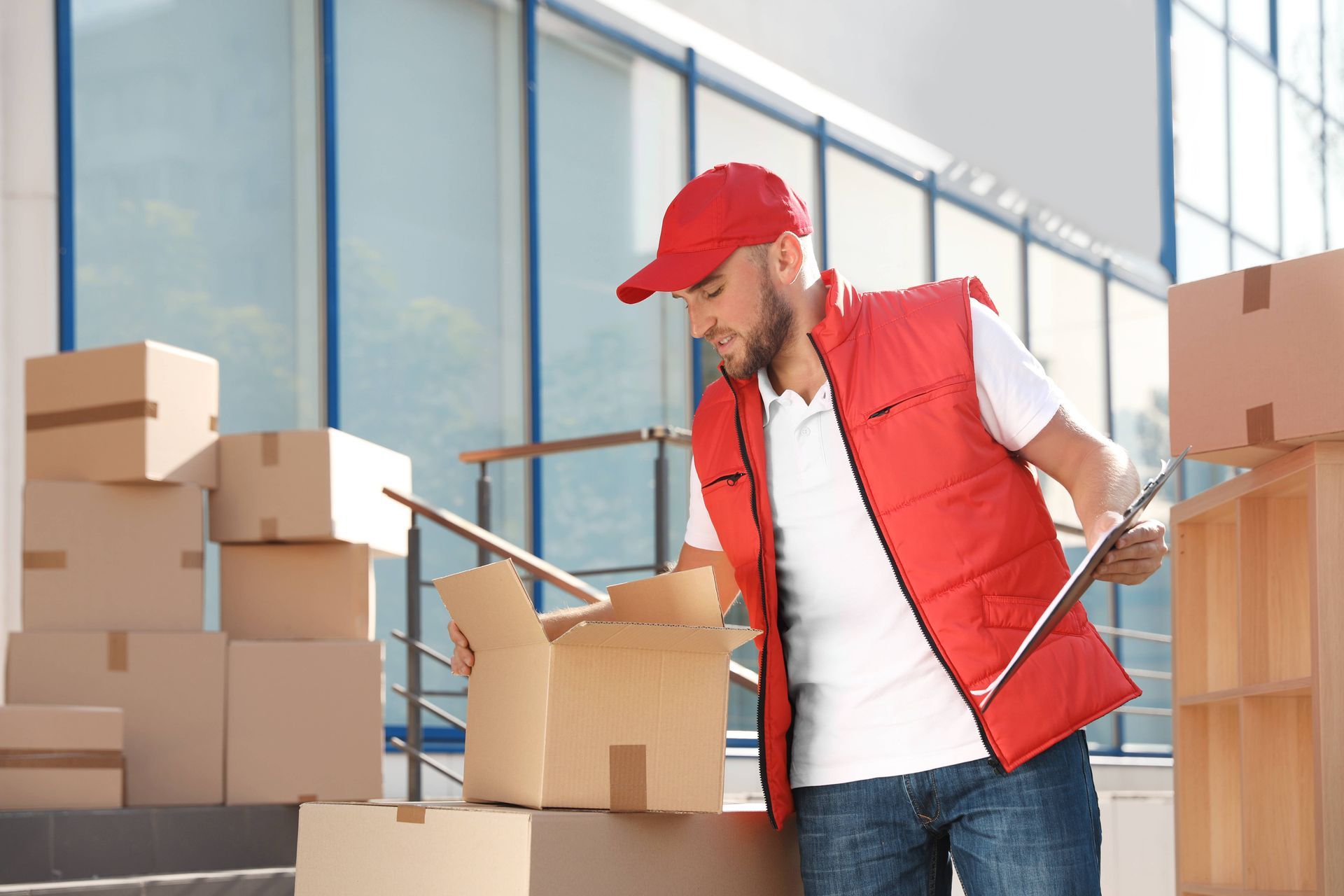 a delivery man is looking at a tablet while standing next to a pile of cardboard boxes