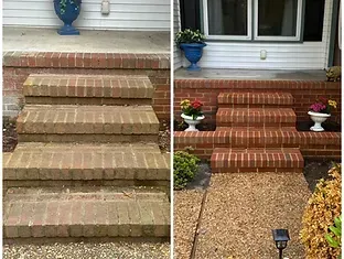 A before and after photo of a brick porch pressure washing job in Gloucester, VA