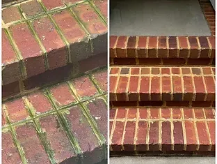 A before and after photo of a brick porch pressure washing job in Gloucester, VA