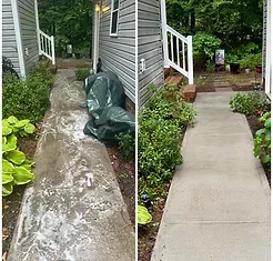 A before and after picture of a side walk cleaning job in Gloucester, VA