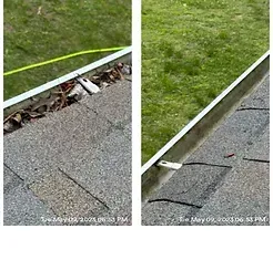 A before and after picture of a gutter cleaning job in Gloucester, VA