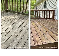A before and after picture of a deck washing job in Gloucester, VA