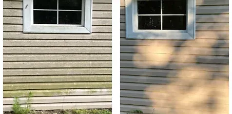 A before and after picture of a siding cleaning job in Gloucester, VA
