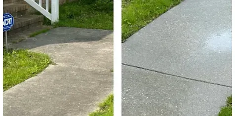 A before and after picture of a side walk cleaning job in Gloucester, VA