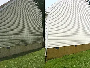 A before and after picture of a house 's siding being cleaned in Gloucester, VA