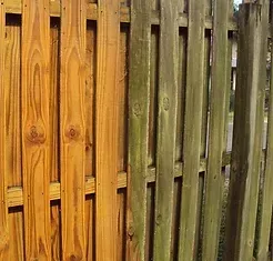 A close up of a wooden fence before and after being cleaned in Gloucester, VA