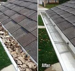 A before and after picture of a gutter cleaning job in Gloucester, VA