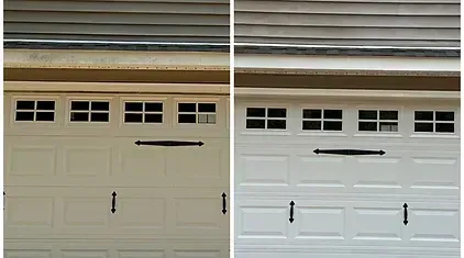 A before and after picture of a garage door cleaning job in Gloucester, VA