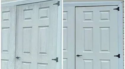 A before and after picture of a door cleaning job in Gloucester, VA