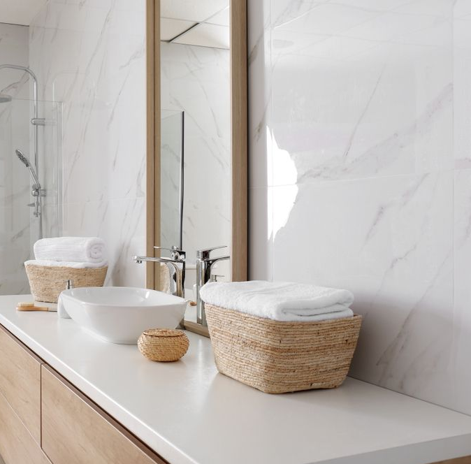 Modern Bathroom With Marble Walls and Mirror — Local Glassmaster in Vincentia, NSW