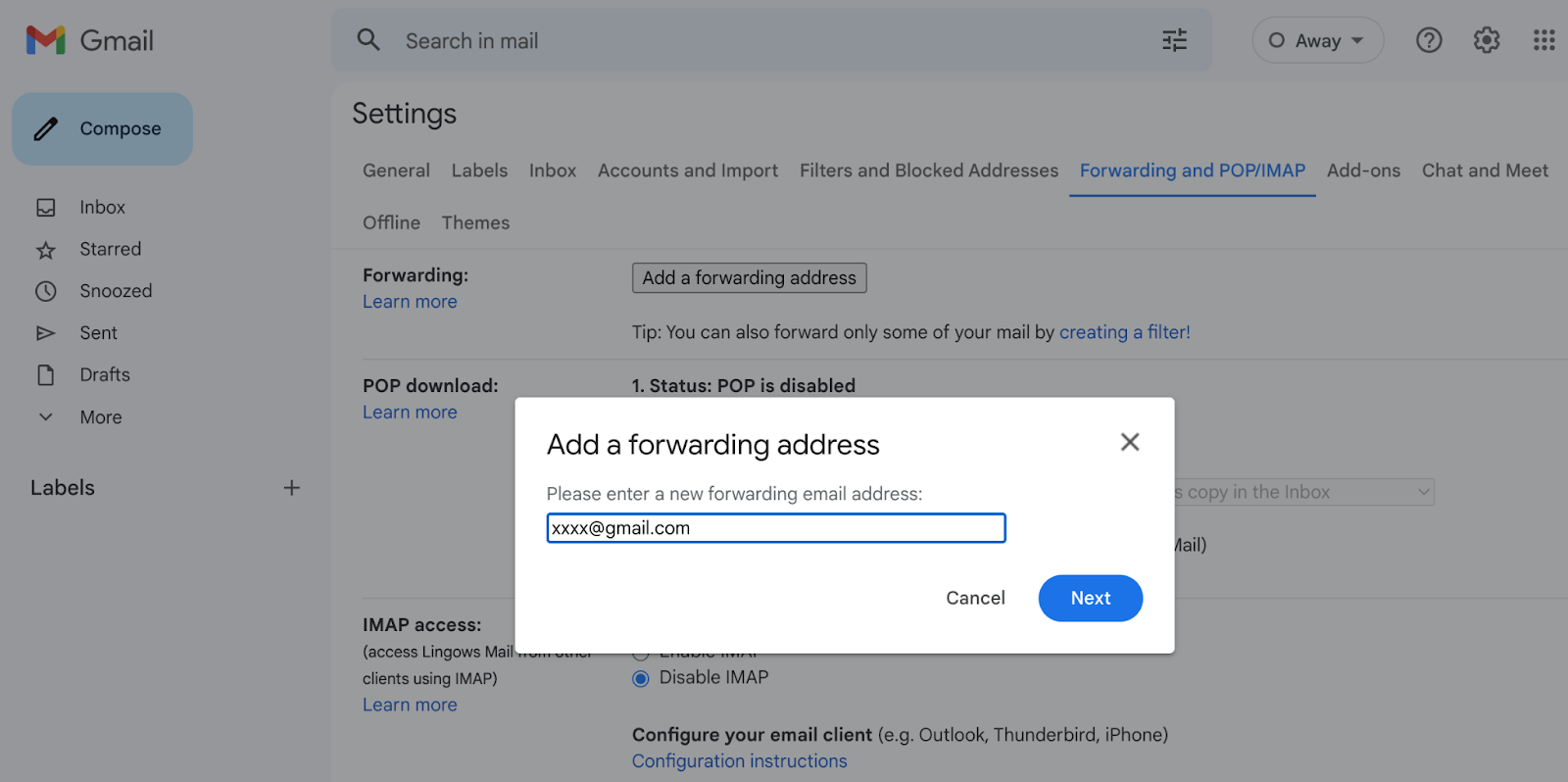 Type the Gmail address where you want forwarded emails to go.