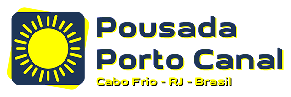 Logotipo do hotel Pousada Porto Canal em Cabo Frio, Brasil. Apresenta um ícone de sol dentro de um quadrado azul, com texto.