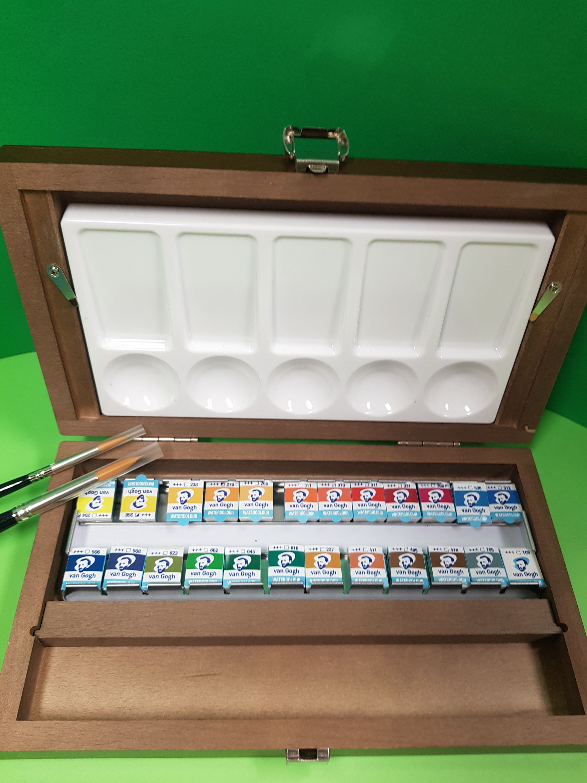 Set di acquerelli con tavolozza e pennelli, all'interno di una scatola di legno, aperta su uno sfondo verde.