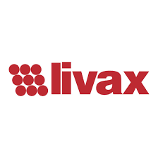 Logo Livax, testo rosso e griglia circolare su bianco.