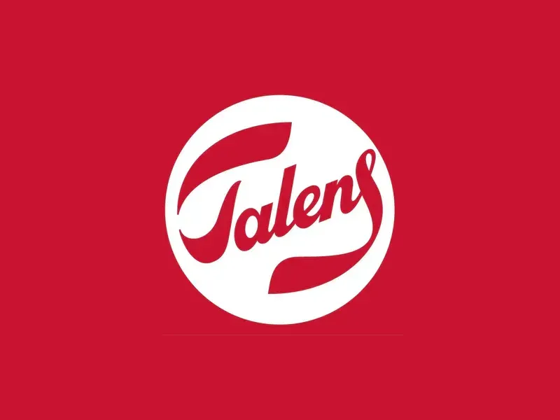 Logo Talens, testo bianco su sfondo rosso, scritta corsiva "Talens" in un cerchio bianco.