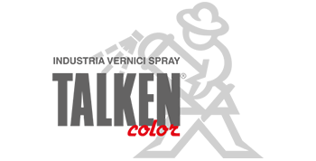 Logo per vernice spray Talken Color: testo grigio, figura che spruzza vernice, "colore" rosso.