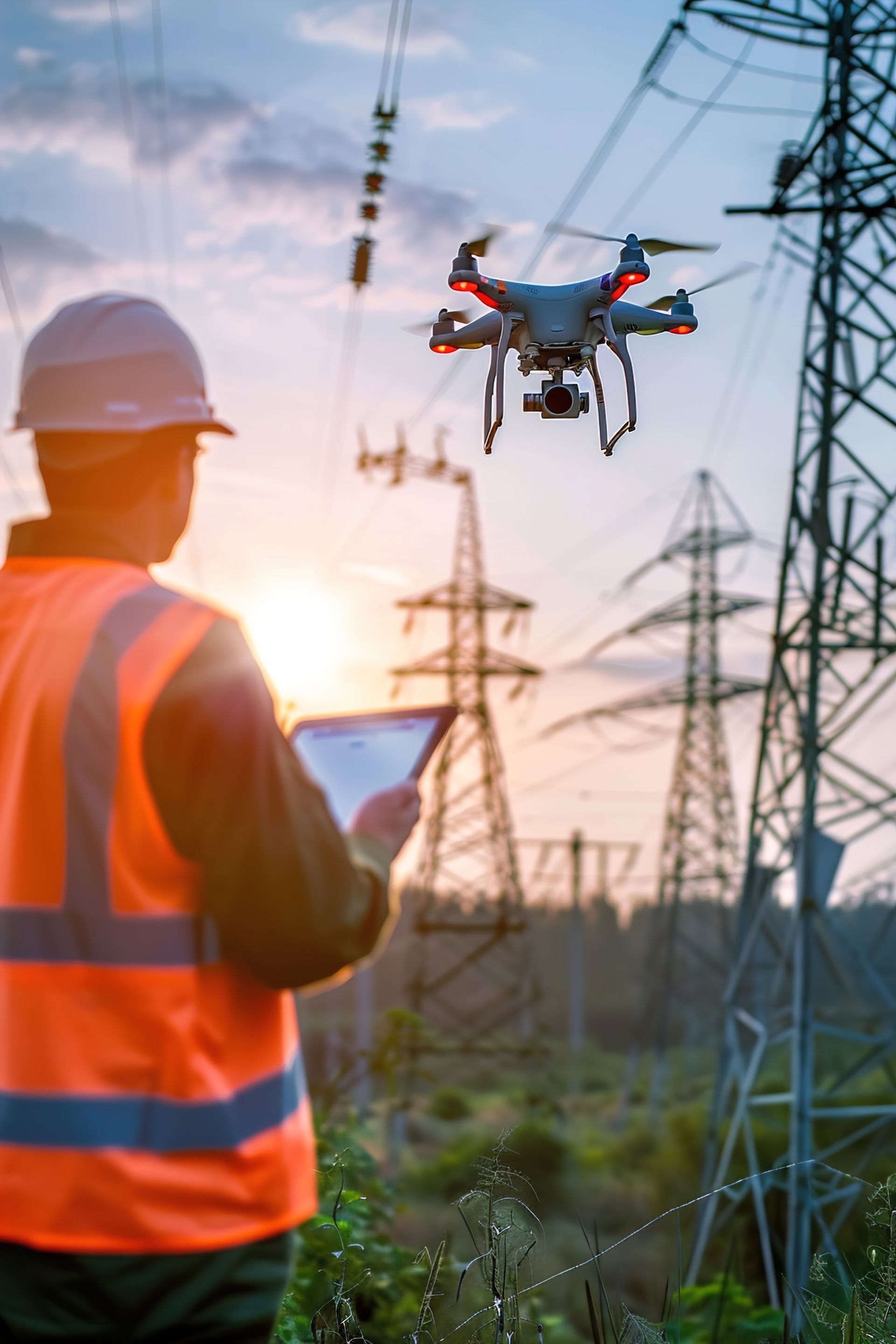 Un ouvrier en gilet orange pilote un drone inspectant des lignes électriques au coucher du soleil.