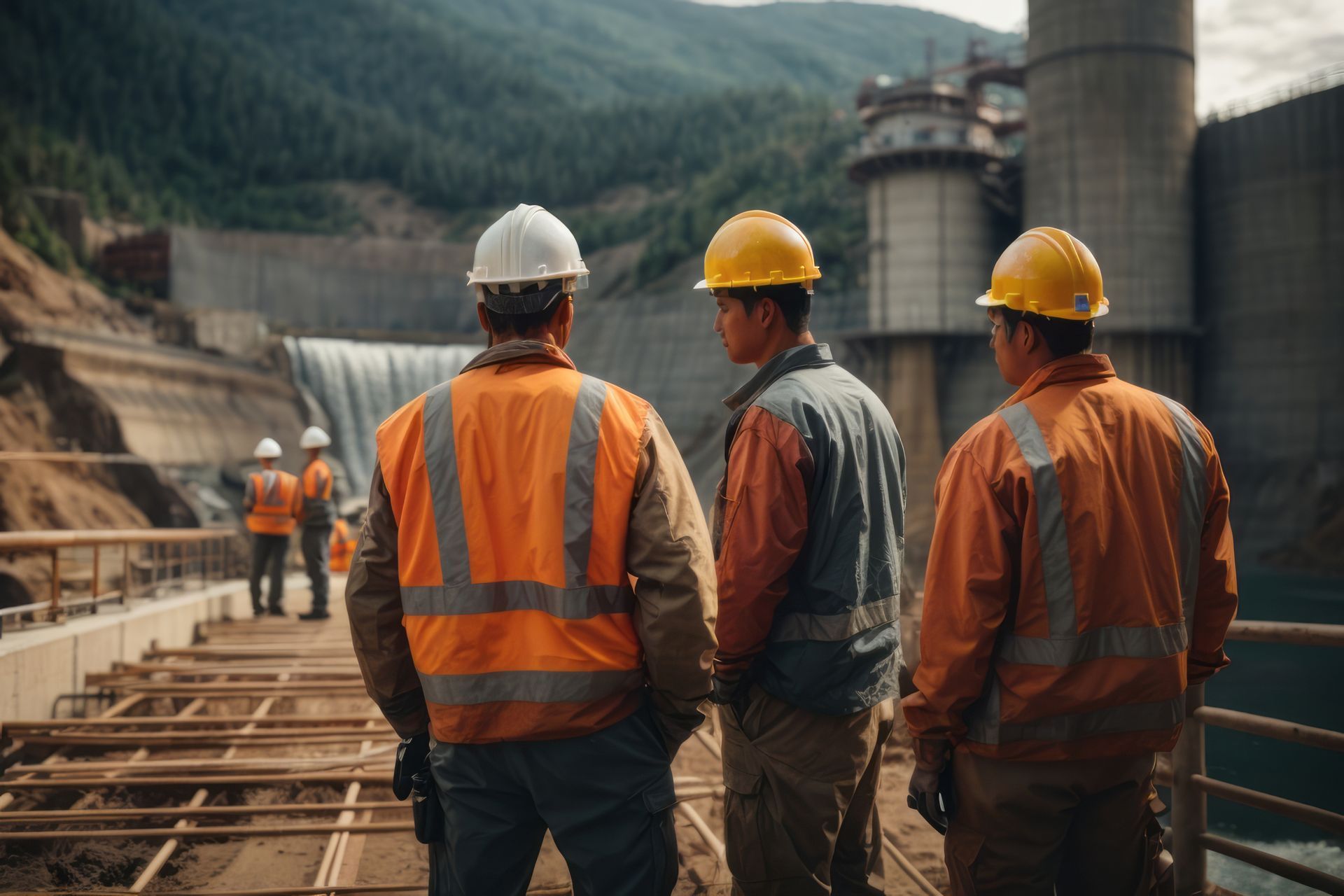Des ouvriers du bâtiment, portant gilets de sécurité et casques de chantier, travaillent sur un barrage, avec vue sur l'eau. Montagnes en arrière-plan.
