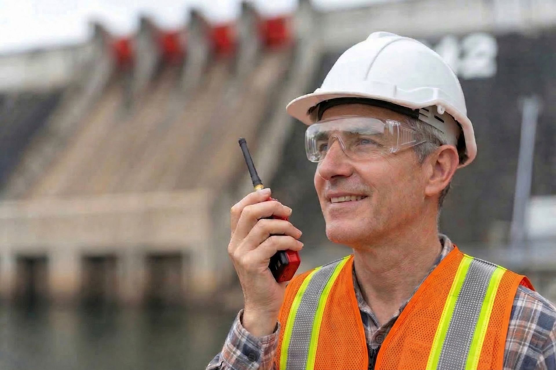 Un ouvrier du bâtiment sourit en tenant un talkie-walkie près d'un barrage ; il porte un casque de chantier et un gilet orange.