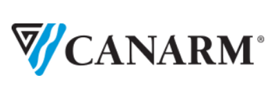 Un logo canarm avec un triangle bleu sur fond blanc
