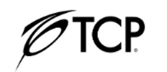 Un logo noir et blanc pour TCP avec un stylo au milieu.