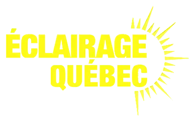 The logo for eclairage quebec is yellow and has a sun in the middle.