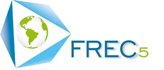 Logotipo de FREC5 con un hexágono geométrico azul, un icono de globo verde y texto azul verdoso sobre un fondo blanco.