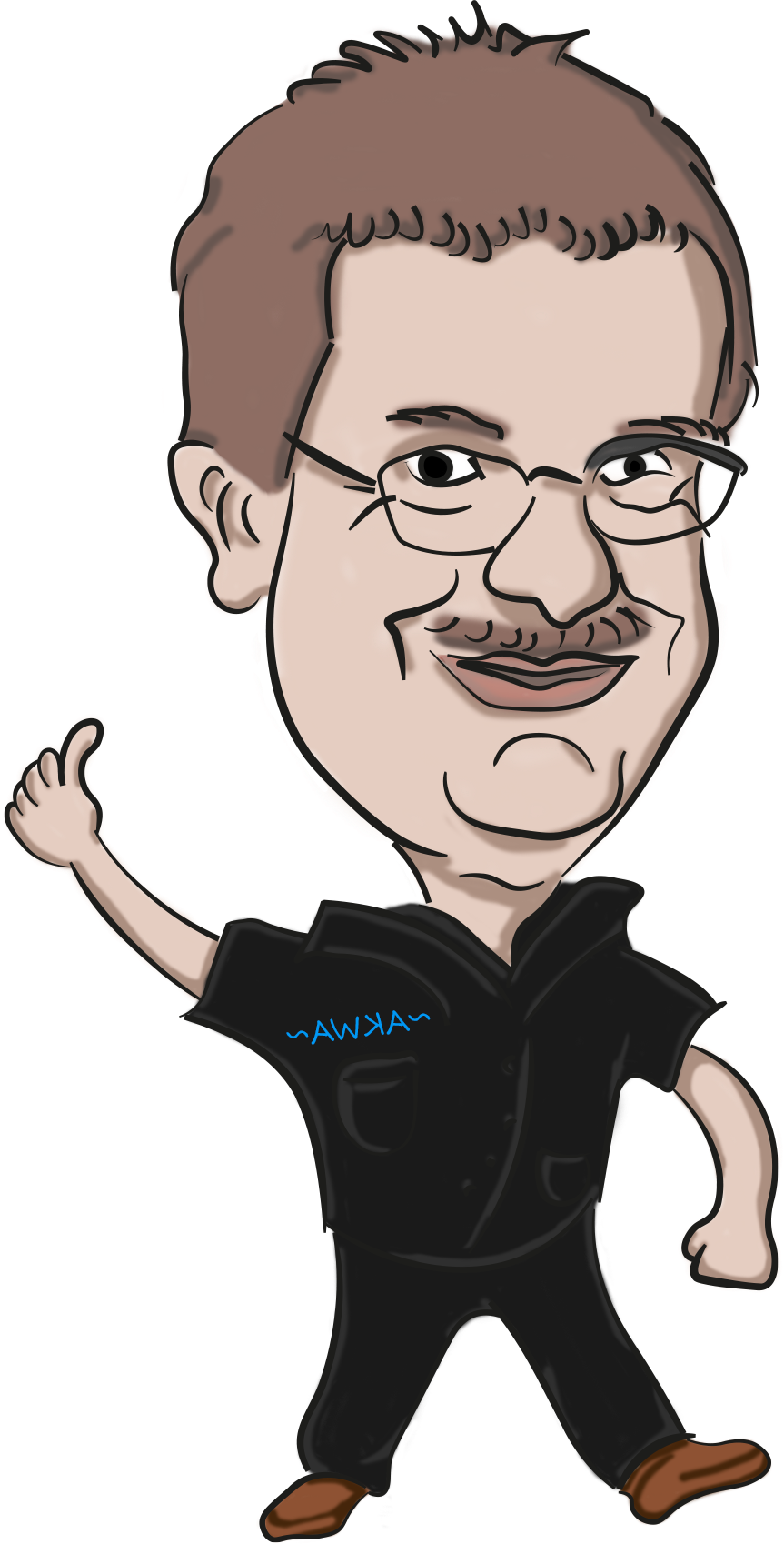 Eine Karikatur eines Mannes mit Brille und Schnurrbart, der einen Daumen hoch gibt
