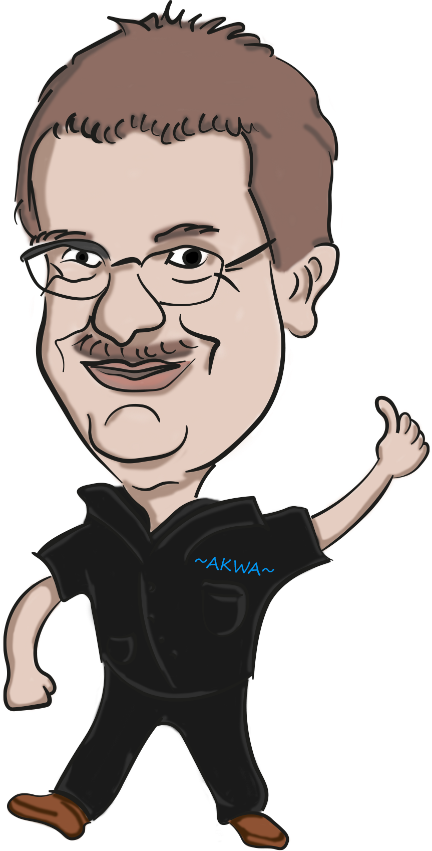 Eine Karikatur eines Mannes mit Bart, der ein schwarzes Hemd trägt.