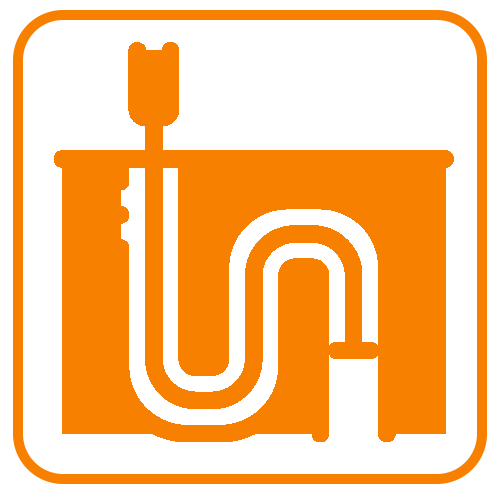 Ein orange-weißes Symbol eines Waschbeckens, aus dem ein Abflussrohr herauskommt.