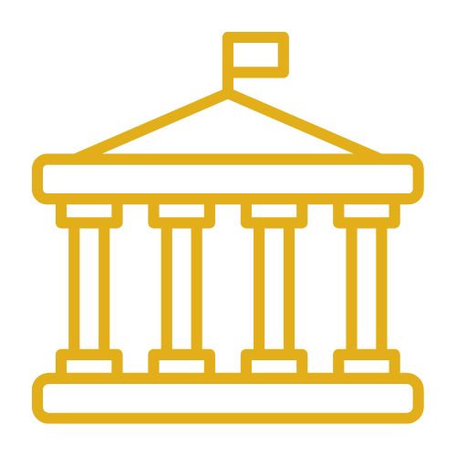 An icon of a building with columns and a flag on top.