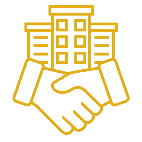 An icon of a handshake with a building in the background.