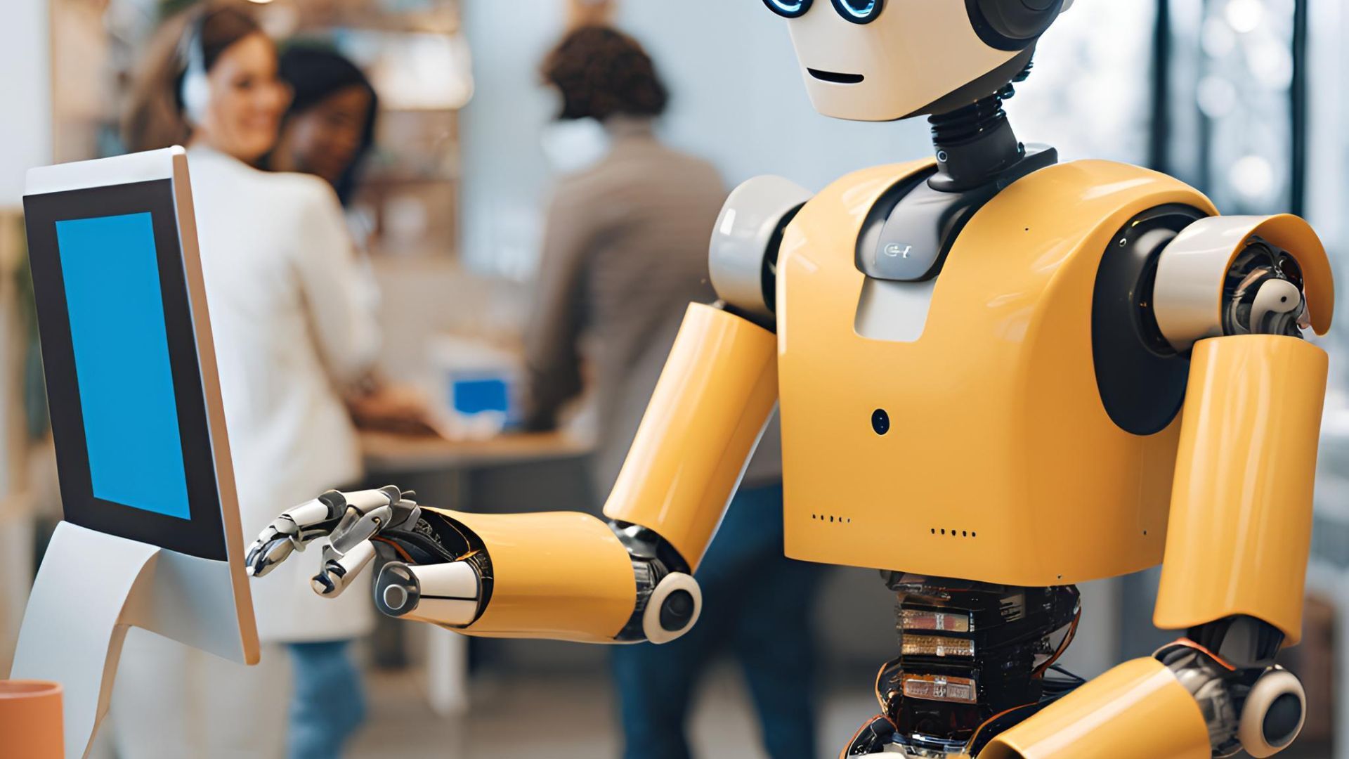 A yellow robot is holding a tablet in front of a computer.