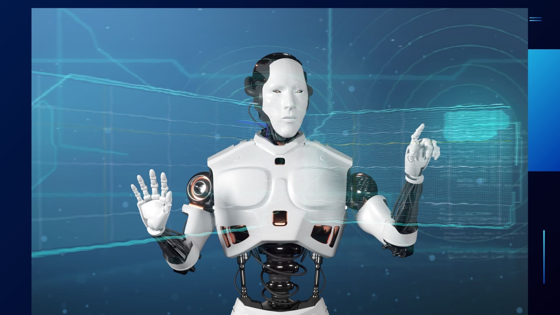 A robot is standing in front of a computer screen.
