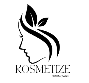 A black and white logo for kosmetize skincare with a woman 's face and leaves.