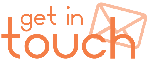 A logo for get in touch with an envelope in the background.