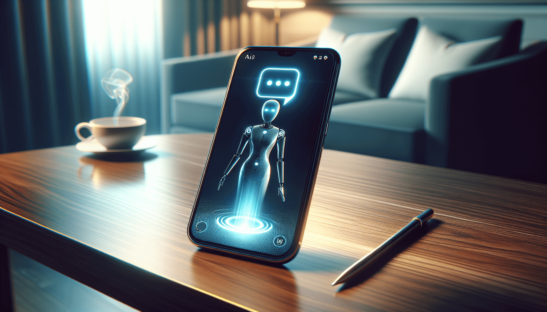 A smart phone with a robot on the screen is sitting on a wooden table.