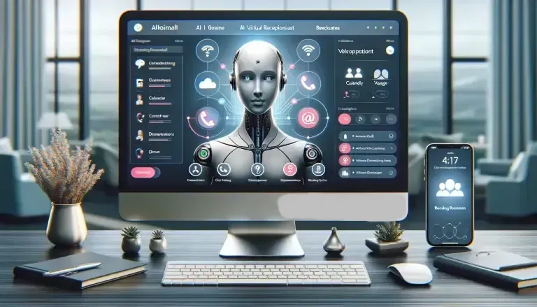 A computer monitor with a robot on the screen is sitting on a desk.