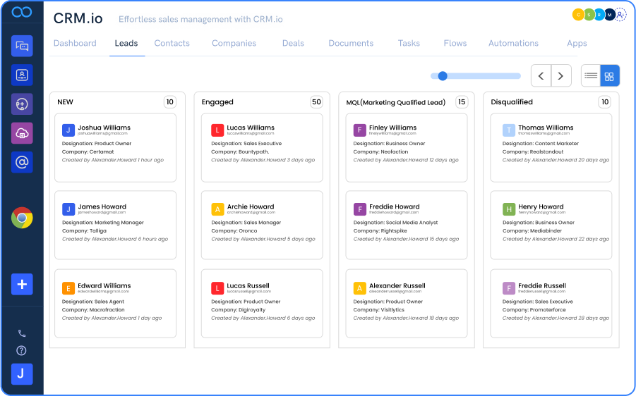A screenshot of a dashboard for a software called crm.io.